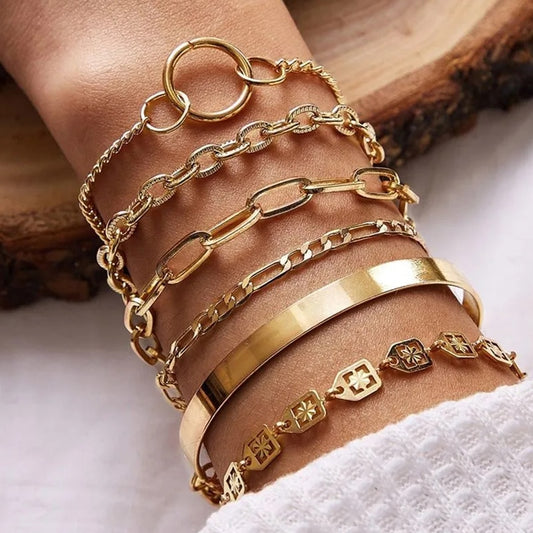 (28 choices)5pcs Punk Curb Chain Bracelets Set Miami Thick Gold Color Charm Bracelets Bangles Fashion Jewelry