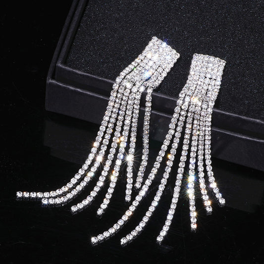 New Silver Color Rhinestone Crystal Long Tassel Earrings for Women Bridal Drop Dangling Earrings Brincos Wedding Jewelry WX006