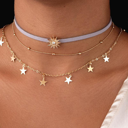Gold Color Bead Chain Star Multi Layer Choker Necklace For Women Dainty Necklace Set Tattoo Choker Collier Femme Fashion Jewelry