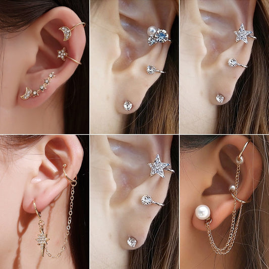 (6 Choices)3pcs Unique Moon Star Rhinestone Tassel Earring For Women Gold No Pierced Ear Clip Cuff Wrap Earrings Party Statement Jewelry