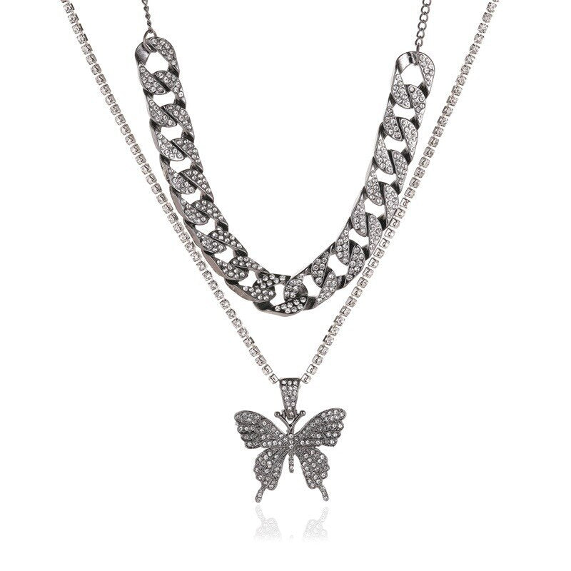 (12 Choices)LATS Punk Cuban Double Layer Big Butterfly Pendant Necklace Full Rhinestone Gold Color Choker Thick Chain Necklace Women Jewelry